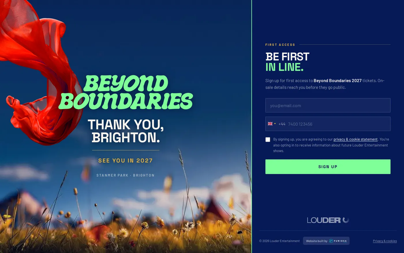 Beyond Boundaries 2027 sign-up page on desktop, a red flag on a summer field beside a signup form.