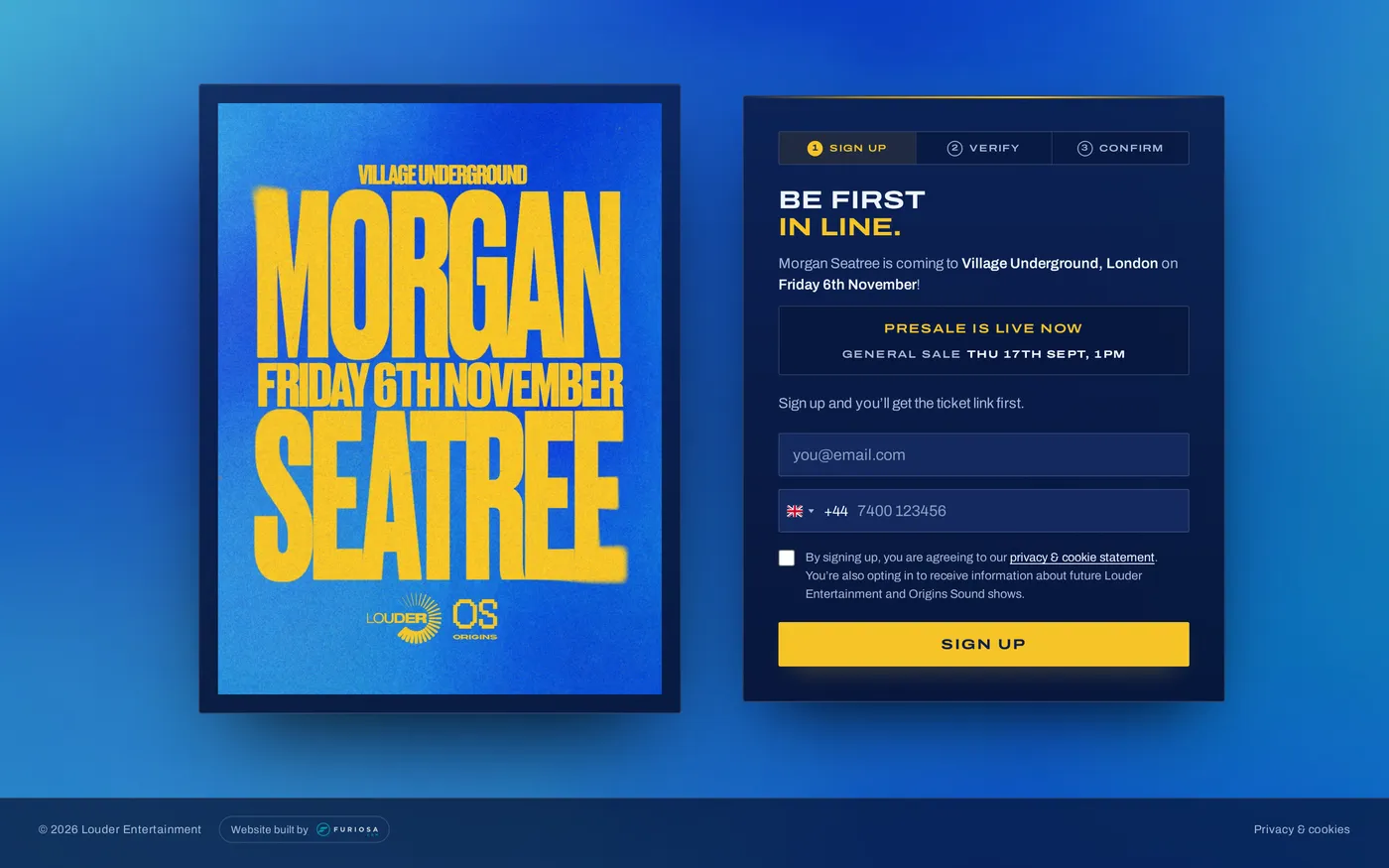 Morgan Seatree sign-up page on desktop, bold yellow poster artwork beside a signup form.