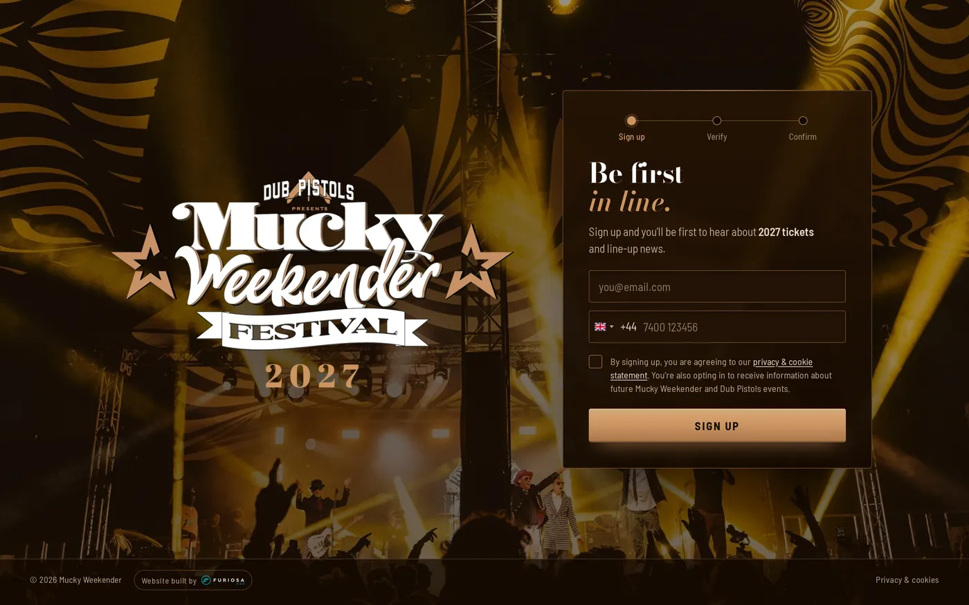 Mucky Weekender Festival 2027 sign-up page on desktop, gold artwork with a signup form.