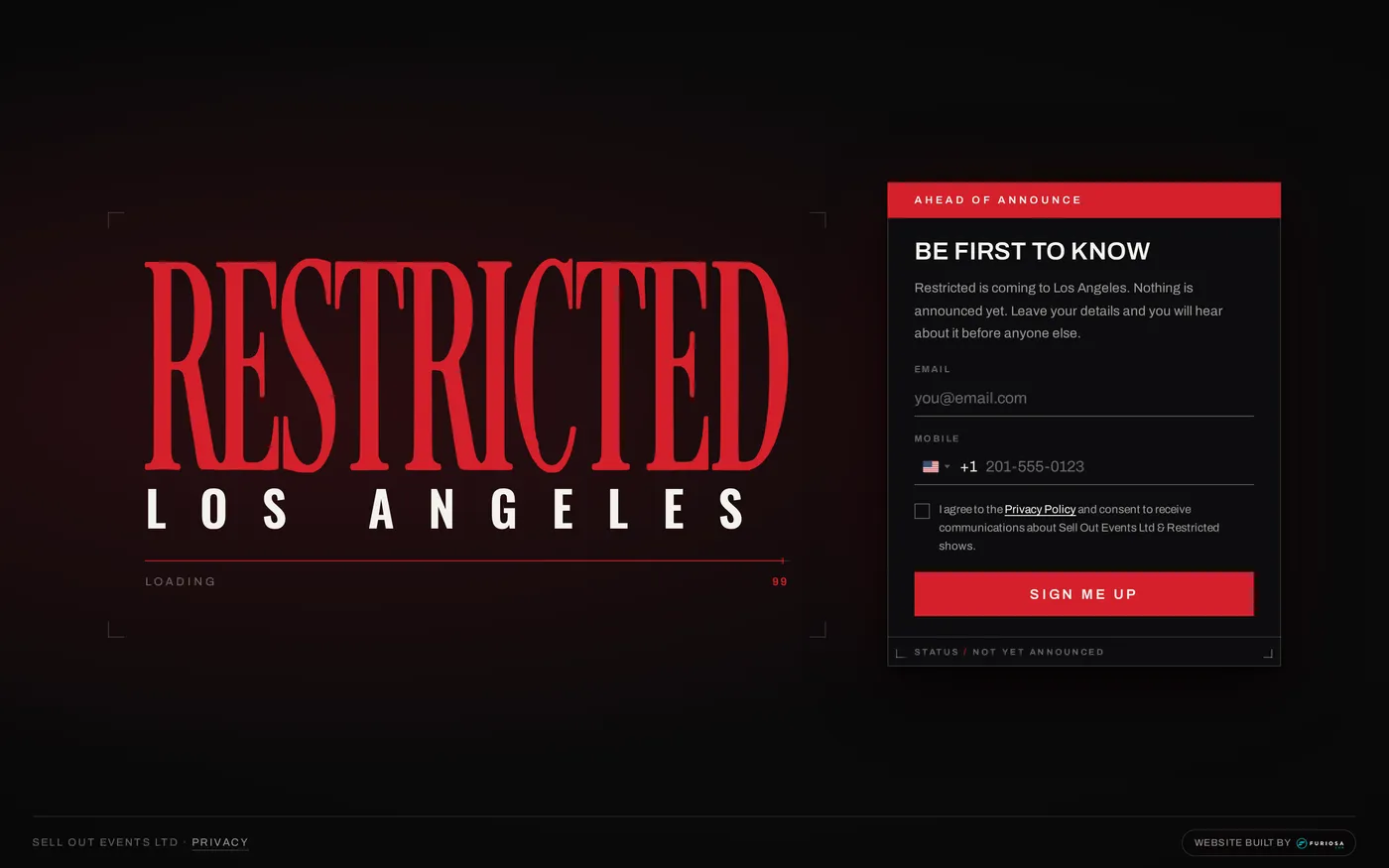 Restricted Los Angeles sign-up page on desktop, red wordmark with a be the first to know signup form.