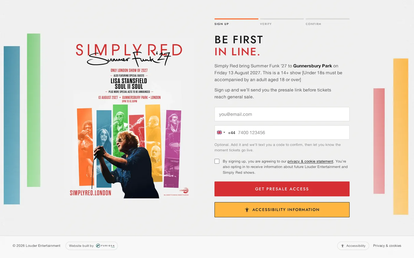 Simply Red Summer Funk '27 sign-up page on desktop, with the artwork beside a presale signup form.