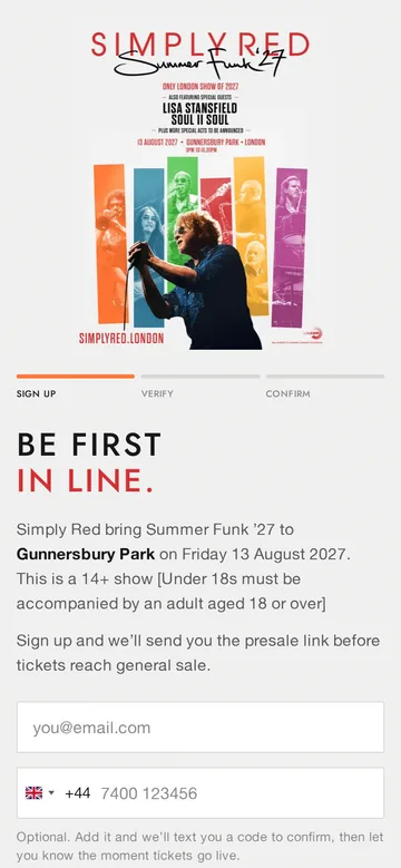 The same Simply Red page on a phone.