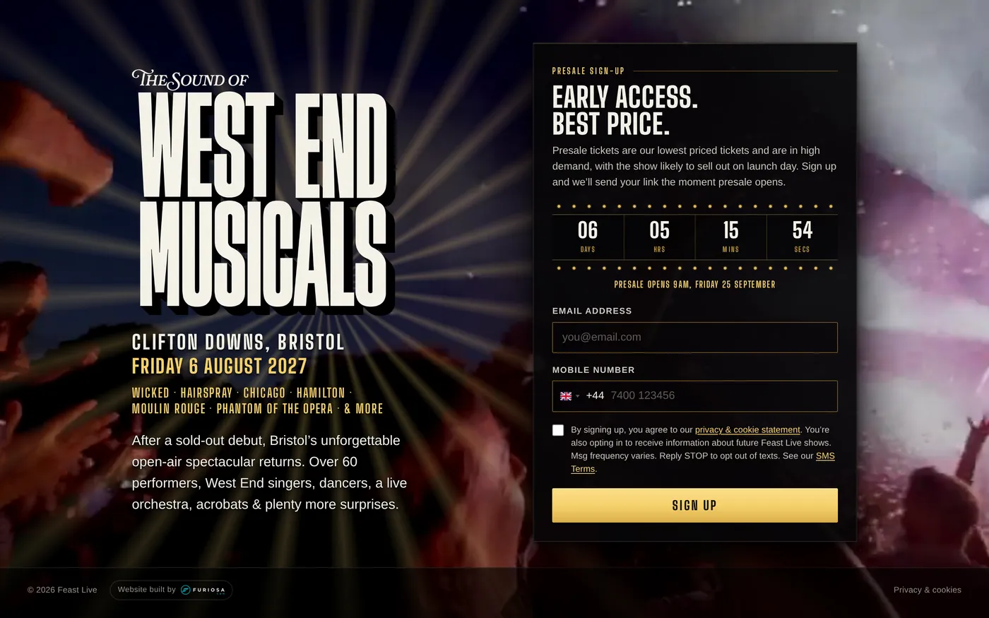 The Sound of West End Musicals sign-up page on desktop, with a presale countdown and signup form.